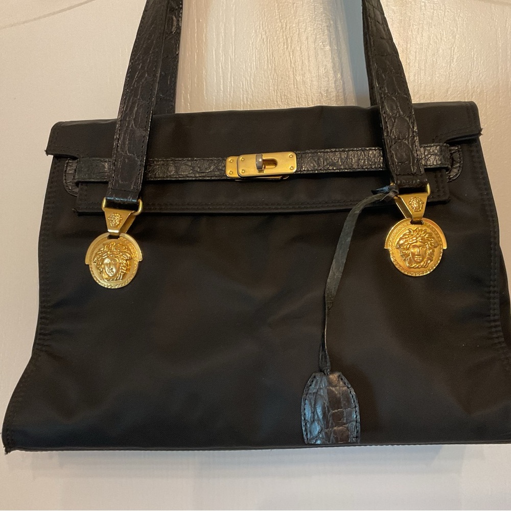 Gianni Versace RARE Black Nylon Medusa Coin Shoulder Bag with Clochette Closure